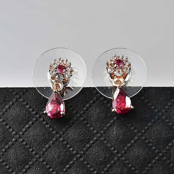 D'Joy Premium Malawi Magenta Garnet And White Zircon 1.35 Ctw Blossom Drop Earrings In 18K Vermeil Rose Gold Over Sterling Silver