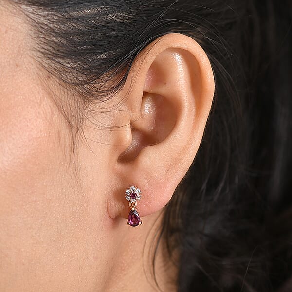 D'Joy Premium Malawi Magenta Garnet And White Zircon 1.35 Ctw Blossom Drop Earrings In 18K Vermeil Rose Gold Over Sterling Silver