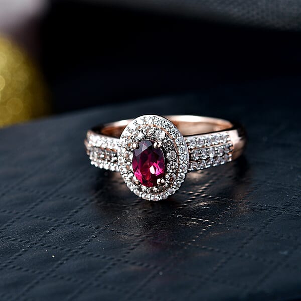 D'Joy Premium Malawi Magenta Garnet Champagne Zircon And White Zircon 1.50 Ctw Twilight Halo Ring In 18K Vermeil Rose Gold Over Sterling Silver