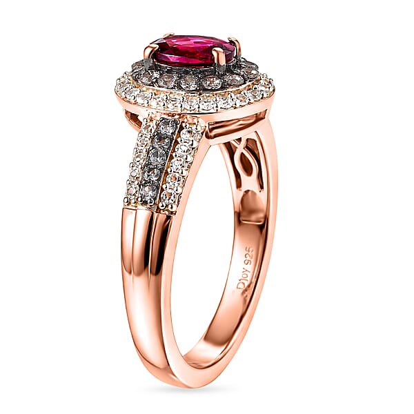 D'Joy Premium Malawi Magenta Garnet Champagne Zircon And White Zircon 1.50 Ctw Twilight Halo Ring In 18K Vermeil Rose Gold Over Sterling Silver