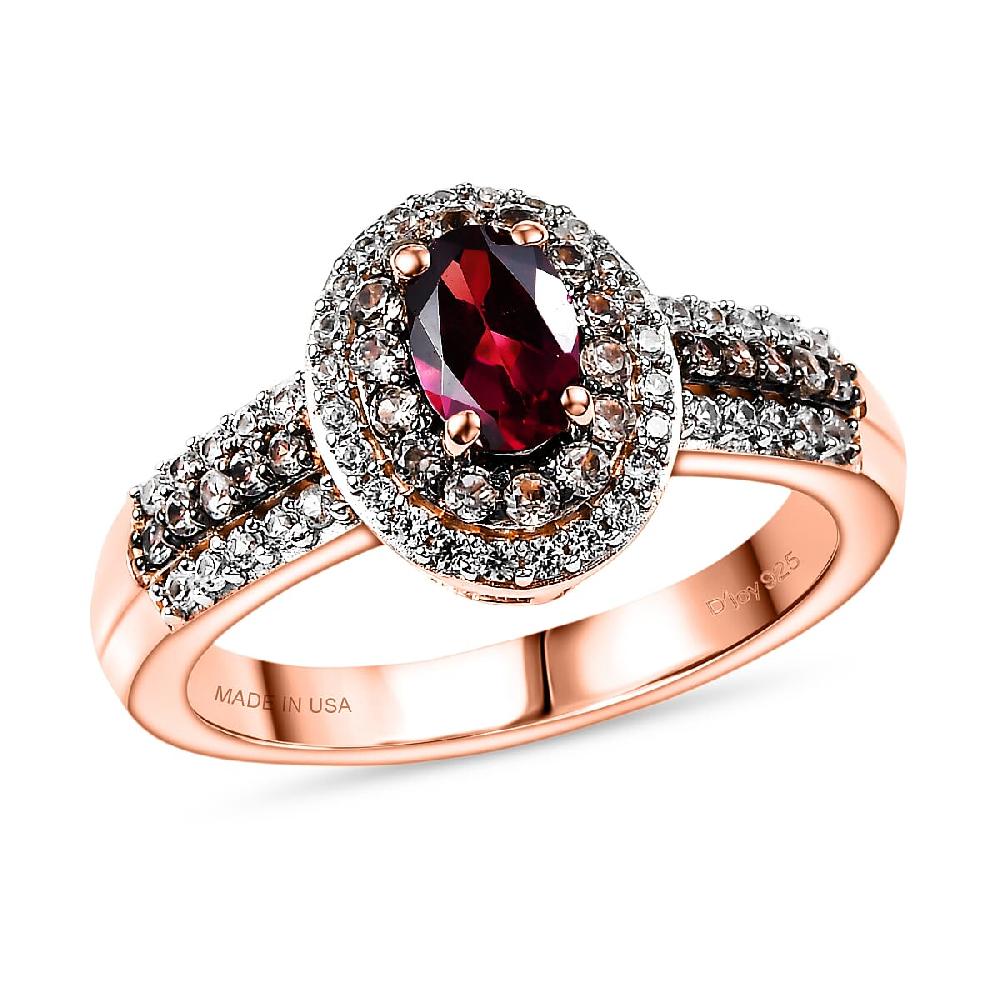 D'Joy Premium Malawi Magenta Garnet Champagne Zircon and White Zircon 1.50 ctw Twilight Halo Ring in 18K Vermeil Rose Gold Over Sterling Silver