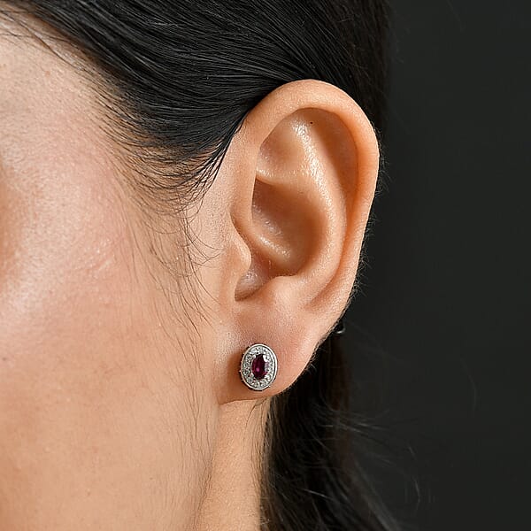 D'Joy Premium Malawi Magenta Garnet White And Chocolate Zircon 1.50 Ctw Crown Studs Earrings In Rhodium Over Sterling Silver