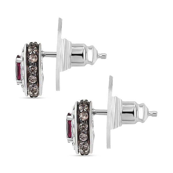D'Joy Premium Malawi Magenta Garnet White And Chocolate Zircon 1.50 Ctw Crown Studs Earrings In Rhodium Over Sterling Silver