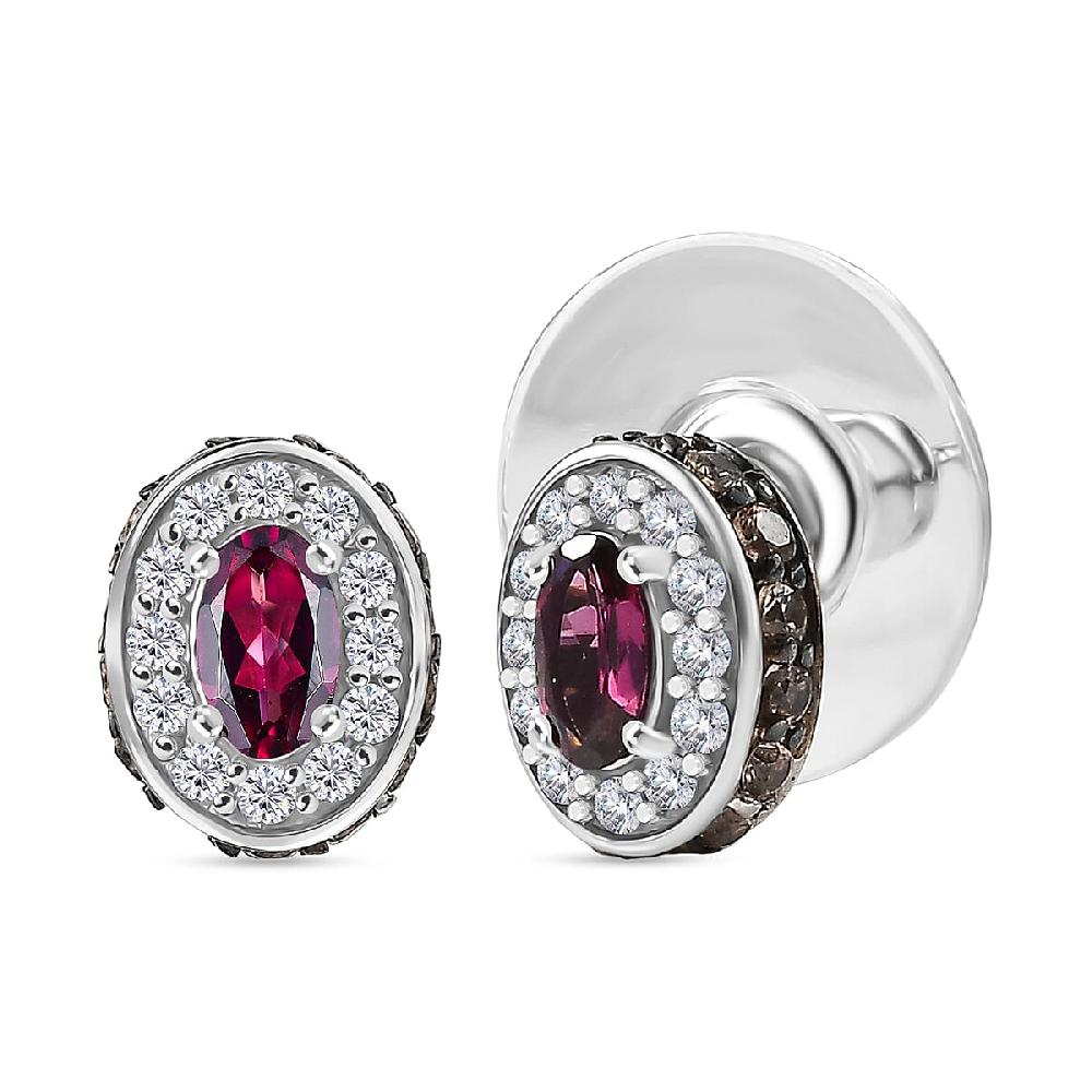D'Joy Premium Malawi Magenta Garnet White and Chocolate Zircon 1.50 ctw Crown Studs Earrings in Rhodium Over Sterling Silver