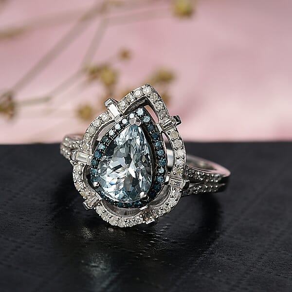D'Joy Premium Mangoro Aquamarine And Blue And White Diamond 2.00 Ctw Radial Architecture Ring In Rhodium Over Sterling Silver