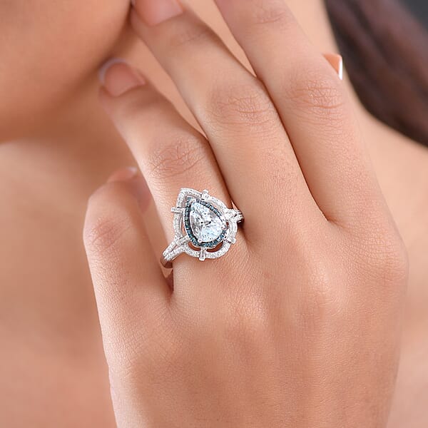 D'Joy Premium Mangoro Aquamarine And Blue And White Diamond 2.00 Ctw Radial Architecture Ring In Rhodium Over Sterling Silver