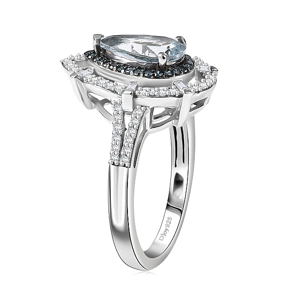 D'Joy Premium Mangoro Aquamarine And Blue And White Diamond 2.00 Ctw Radial Architecture Ring In Rhodium Over Sterling Silver