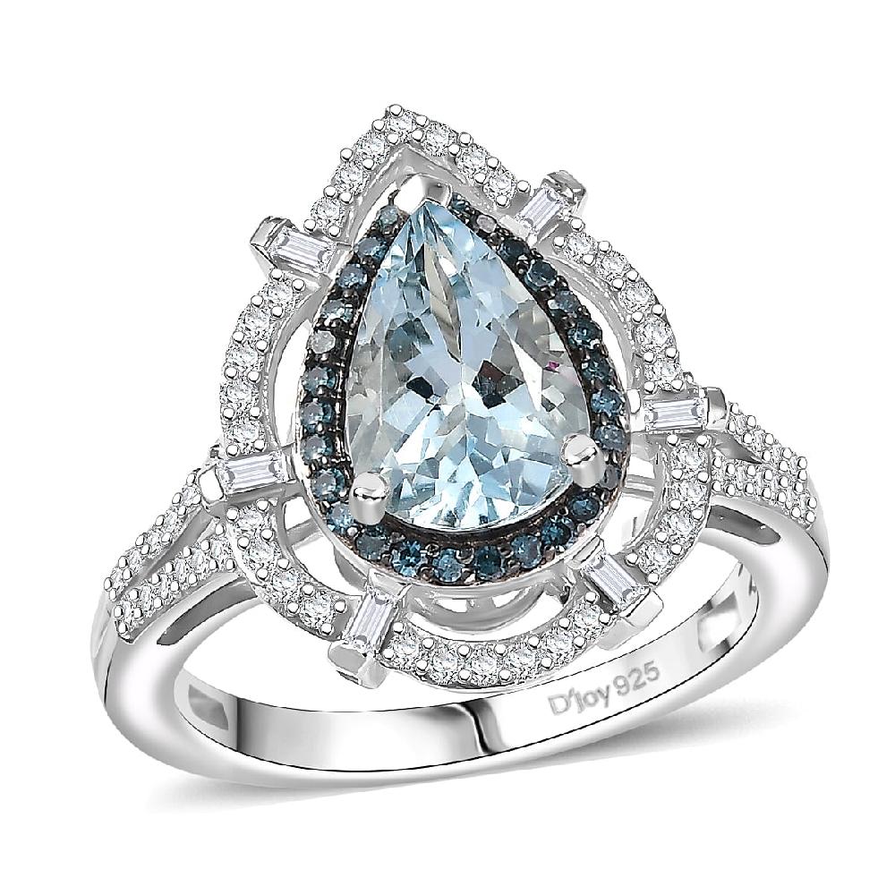 D'Joy Premium Mangoro Aquamarine and Blue and White Diamond 2.00 ctw Radial Architecture Ring in Rhodium Over Sterling Silver