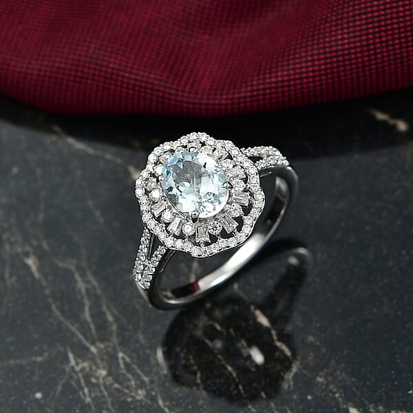 D'Joy Premium Mangoro Aquamarine And Moissanite 2.40 Ctw Blooming Floral Ring In Rhodium Over Sterling Silver