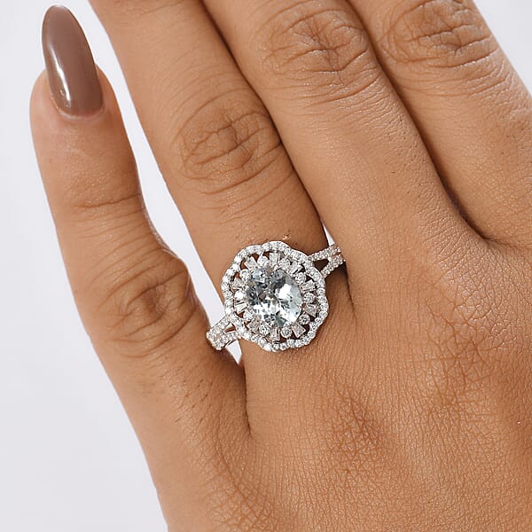D'Joy Premium Mangoro Aquamarine And Moissanite 2.40 Ctw Blooming Floral Ring In Rhodium Over Sterling Silver