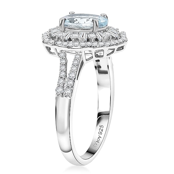 D'Joy Premium Mangoro Aquamarine And Moissanite 2.40 Ctw Blooming Floral Ring In Rhodium Over Sterling Silver