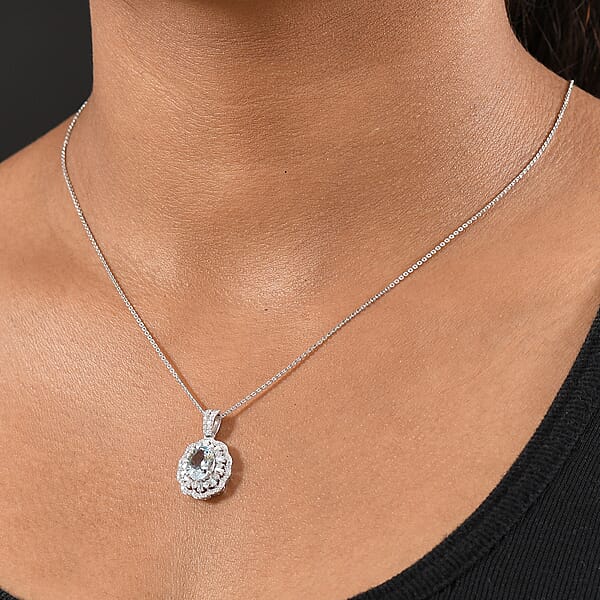 D'Joy Premium Mangoro Aquamarine And Moissanite 2.40 Ctw Blooming Floral Pendant Necklace In Rhodium Over Sterling Silver 20 Inches