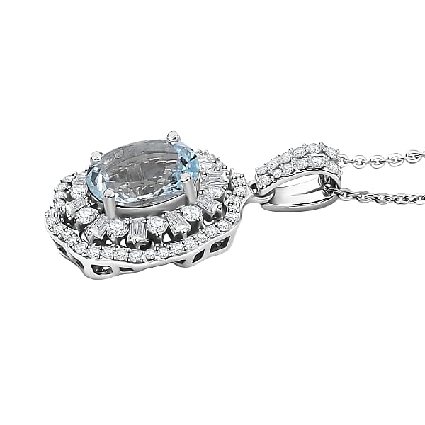 D'Joy Premium Mangoro Aquamarine And Moissanite 2.40 Ctw Blooming Floral Pendant Necklace In Rhodium Over Sterling Silver 20 Inches