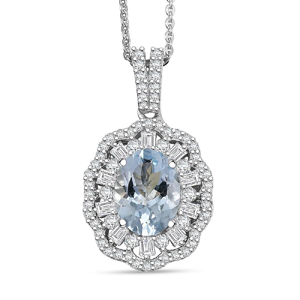 D'Joy Premium Mangoro Aquamarine and Moissanite 2.40 ctw Blooming Floral Pendant Necklace in Rhodium Over Sterling Silver 20 Inches