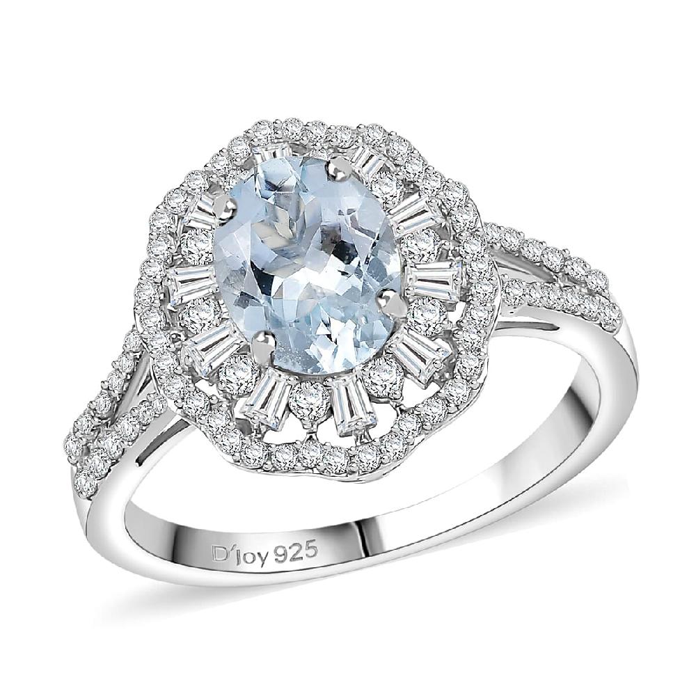 D'Joy Premium Mangoro Aquamarine and Moissanite 2.40 ctw Blooming Floral Ring in Rhodium Over Sterling Silver
