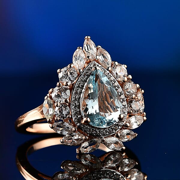 D'Joy Premium Mangoro Aquamarine And White Zircon 4.10 Ctw Rosewater Bloom Ring In 18K Vermeil Rose Gold Over Sterling Silver