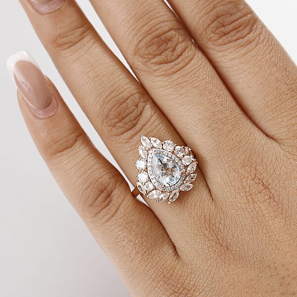 D'Joy Premium Mangoro Aquamarine And White Zircon 4.10 Ctw Rosewater Bloom Ring In 18K Vermeil Rose Gold Over Sterling Silver