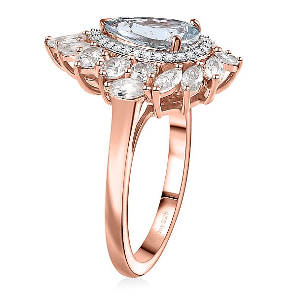 D'Joy Premium Mangoro Aquamarine And White Zircon 4.10 Ctw Rosewater Bloom Ring In 18K Vermeil Rose Gold Over Sterling Silver