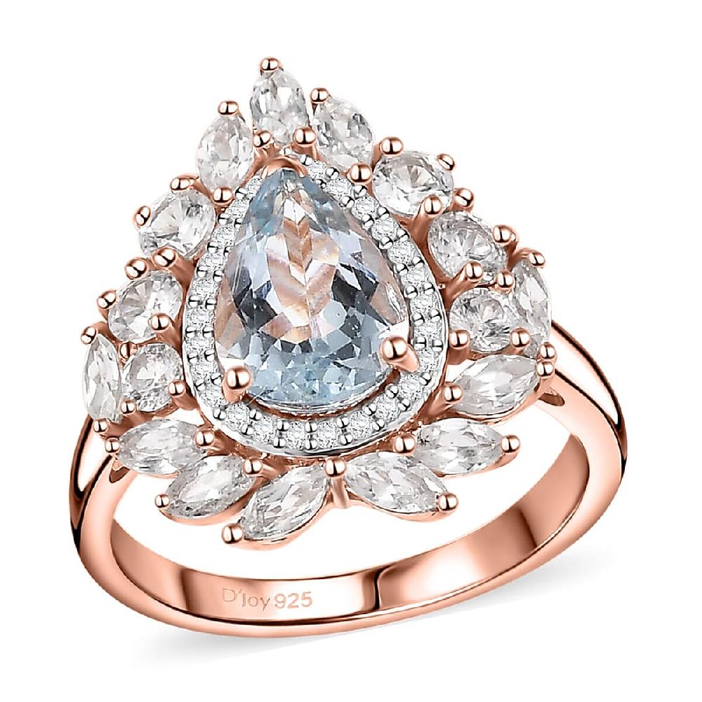 D'Joy Premium Mangoro Aquamarine and White Zircon 4.10 ctw Rosewater Bloom Ring in 18K Vermeil Rose Gold Over Sterling Silver
