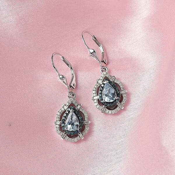 D'Joy Premium Mangoro Aquamarine Blue And White Diamond 1.65 Ctw Radial Architecture Earrings In Rhodium Over Sterling Silver