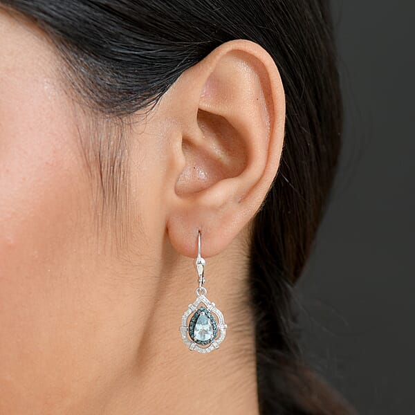 D'Joy Premium Mangoro Aquamarine Blue And White Diamond 1.65 Ctw Radial Architecture Earrings In Rhodium Over Sterling Silver