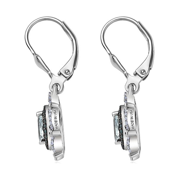 D'Joy Premium Mangoro Aquamarine Blue And White Diamond 1.65 Ctw Radial Architecture Earrings In Rhodium Over Sterling Silver