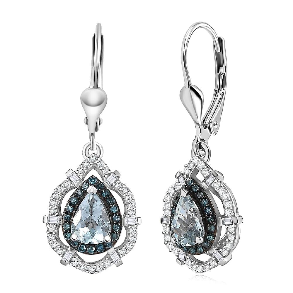 D'Joy Premium Mangoro Aquamarine Blue and White Diamond 1.65 ctw Radial Architecture Earrings in Rhodium Over Sterling Silver