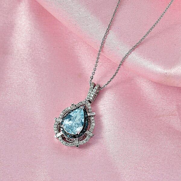 D'Joy Premium Mangoro Aquamarine Blue Diamond And Diamond 1.90 Ctw Radial Architecture Pendant Necklace In Rhodium Over Sterling Silver 20 Inches