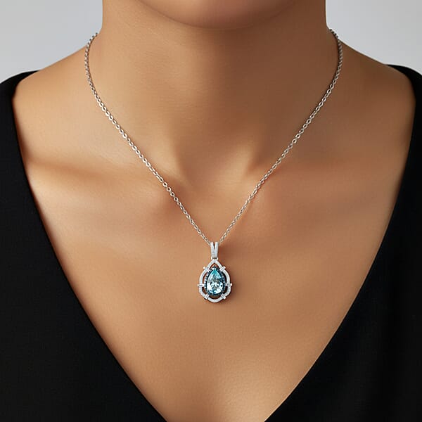 D'Joy Premium Mangoro Aquamarine Blue Diamond And Diamond 1.90 Ctw Radial Architecture Pendant Necklace In Rhodium Over Sterling Silver 20 Inches