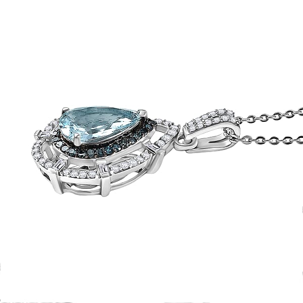 D'Joy Premium Mangoro Aquamarine Blue Diamond And Diamond 1.90 Ctw Radial Architecture Pendant Necklace In Rhodium Over Sterling Silver 20 Inches