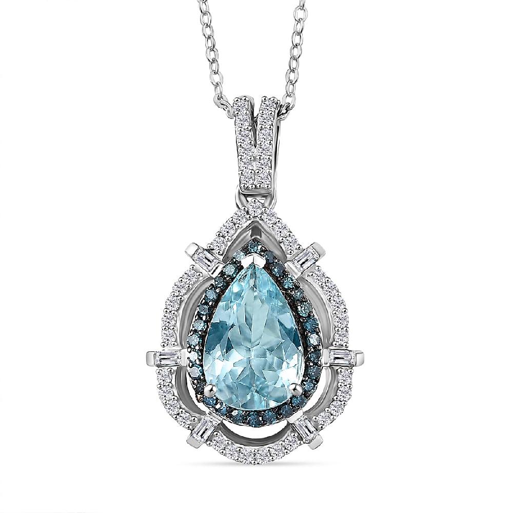 D'Joy Premium Mangoro Aquamarine Blue Diamond and Diamond 1.90 ctw Radial Architecture Pendant Necklace in Rhodium Over Sterling Silver 20 Inches