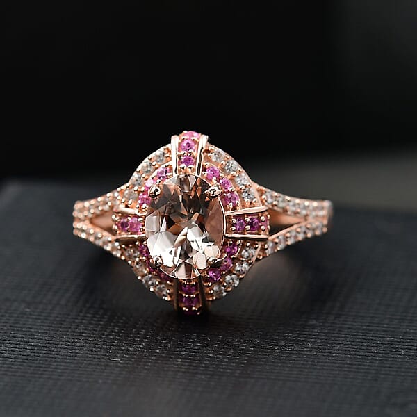D'Joy Premium Marropino Morganite And Multi Gemstone 1.80 Ctw Starlight Halo Ring In 18K Vermeil Rose Gold Sterling Silver