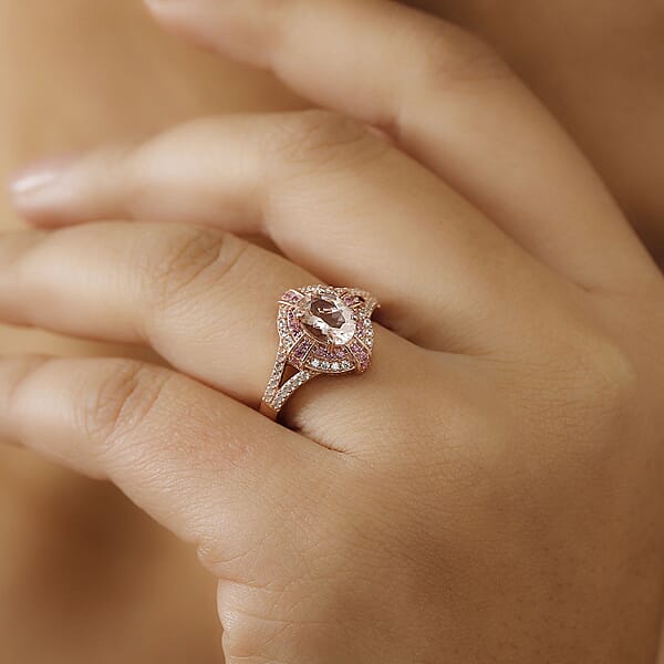 D'Joy Premium Marropino Morganite And Multi Gemstone 1.80 Ctw Starlight Halo Ring In 18K Vermeil Rose Gold Sterling Silver