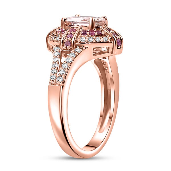 D'Joy Premium Marropino Morganite And Multi Gemstone 1.80 Ctw Starlight Halo Ring In 18K Vermeil Rose Gold Sterling Silver