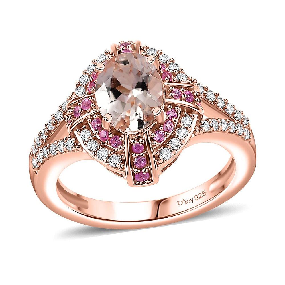 D'Joy Premium Marropino Morganite and Multi Gemstone 1.80 ctw Starlight Halo Ring in 18K Vermeil Rose Gold Sterling Silver