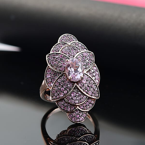 D'Joy Premium Martha Rocha Kunzite And Madagascar Pink Sapphire 3.80 Ctw Dahlia Floral Ring In 18K Vermeil Rose Gold Over Sterling Silver