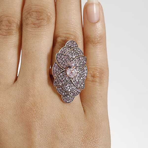 D'Joy Premium Martha Rocha Kunzite And Madagascar Pink Sapphire 3.80 Ctw Dahlia Floral Ring In 18K Vermeil Rose Gold Over Sterling Silver