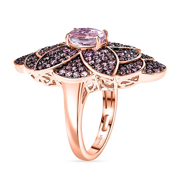 D'Joy Premium Martha Rocha Kunzite And Madagascar Pink Sapphire 3.80 Ctw Dahlia Floral Ring In 18K Vermeil Rose Gold Over Sterling Silver