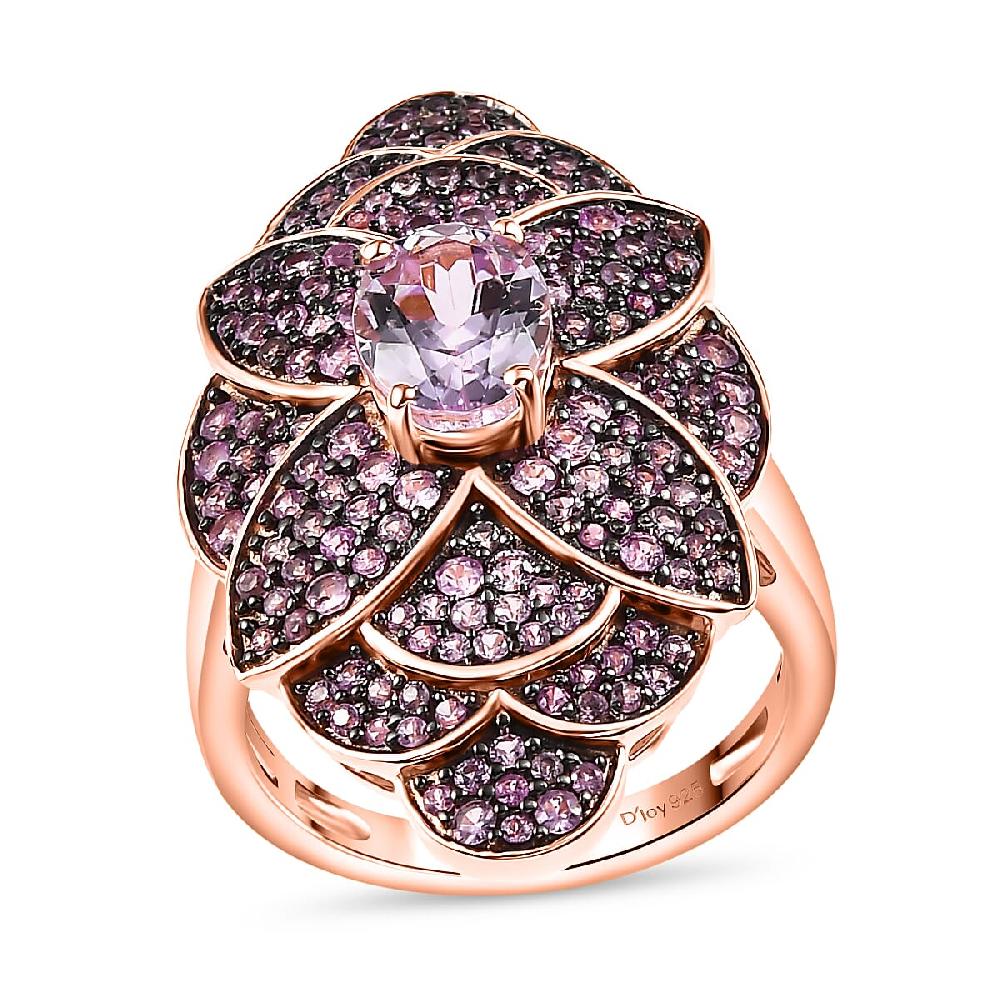 D'Joy Premium Martha Rocha Kunzite and Madagascar Pink Sapphire 3.80 ctw Dahlia Floral Ring in 18K Vermeil Rose Gold Over Sterling Silver