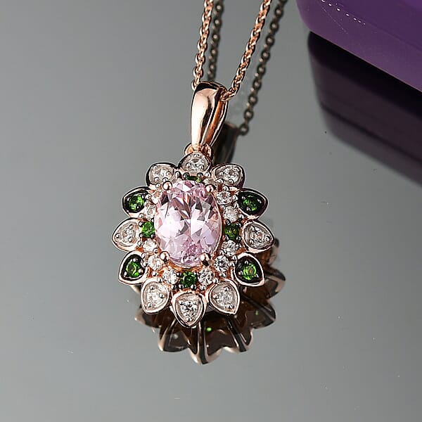D'Joy Premium Martha Rocha Kunzite And Multi Gemstone 2.25 Ctw Blooming Flower Pendant Necklace In 18K Vermeil Rose Gold Over Sterling Silver 20 Inches