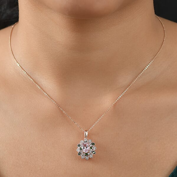 D'Joy Premium Martha Rocha Kunzite And Multi Gemstone 2.25 Ctw Blooming Flower Pendant Necklace In 18K Vermeil Rose Gold Over Sterling Silver 20 Inches