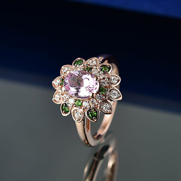 D'Joy Premium Martha Rocha Kunzite And Multi Gemstone 2.20 Ctw Blooming Flower Ring In 18K Vermeil Rose Gold Over Sterling Silver