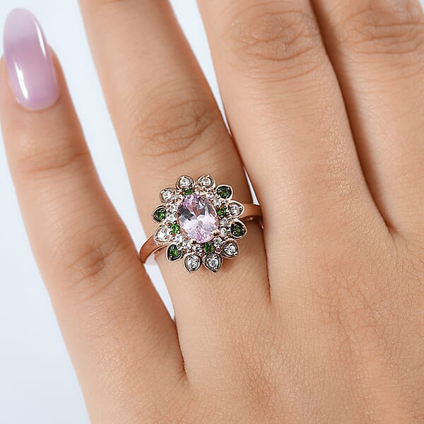 D'Joy Premium Martha Rocha Kunzite And Multi Gemstone 2.20 Ctw Blooming Flower Ring In 18K Vermeil Rose Gold Over Sterling Silver