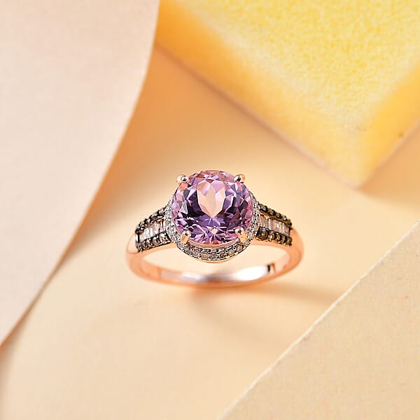 D'Joy Premium Martha Rocha Kunzite Natural Champagne And White Diamond 3.80 Ctw Twilight Blossom Ring In 18K Vermeil Rose Gold Over Sterling Silver