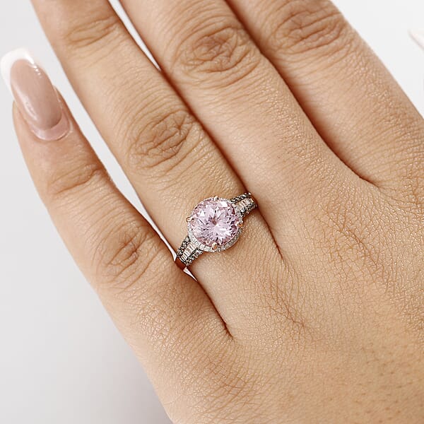D'Joy Premium Martha Rocha Kunzite Natural Champagne And White Diamond 3.80 Ctw Twilight Blossom Ring In 18K Vermeil Rose Gold Over Sterling Silver
