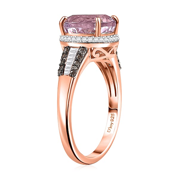 D'Joy Premium Martha Rocha Kunzite Natural Champagne And White Diamond 3.80 Ctw Twilight Blossom Ring In 18K Vermeil Rose Gold Over Sterling Silver