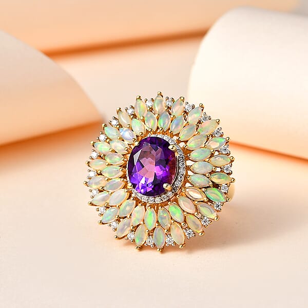 D'Joy Premium Mashamba Amethyst And Multi Gemstone Cocktail Ring In Vermeil Yellow Gold Over Sterling Silver 5.50 Ctw