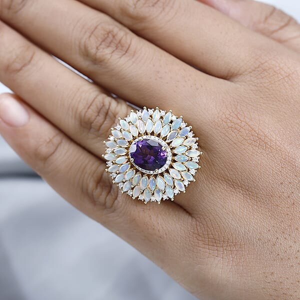 D'Joy Premium Mashamba Amethyst And Multi Gemstone Cocktail Ring In Vermeil Yellow Gold Over Sterling Silver 5.50 Ctw