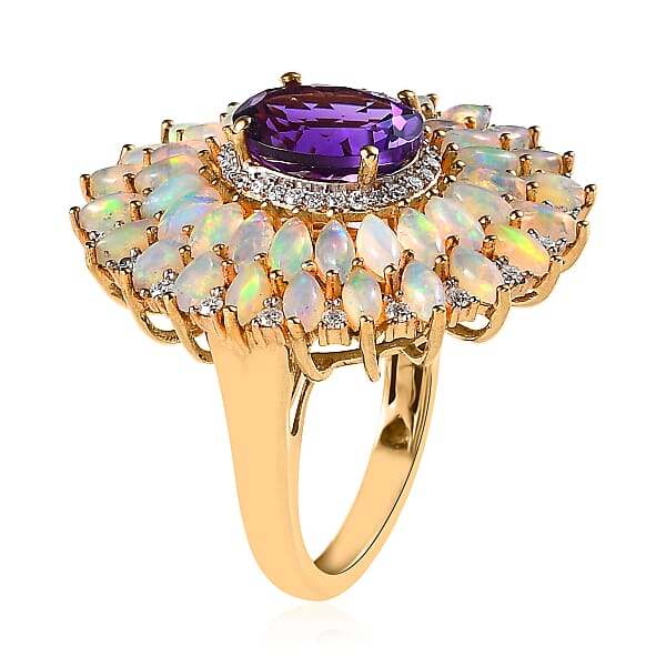 D'Joy Premium Mashamba Amethyst And Multi Gemstone Cocktail Ring In Vermeil Yellow Gold Over Sterling Silver 5.50 Ctw