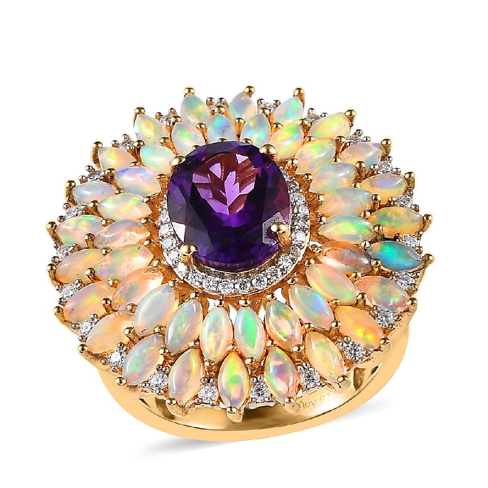 D'Joy Premium Mashamba Amethyst and Multi Gemstone Cocktail Ring in Vermeil Yellow Gold Over Sterling Silver 5.50 ctw